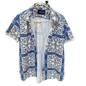 Vintage Azaro Uomo Shirt Mens XL Blue Geometric All‎ Over Print NWOT